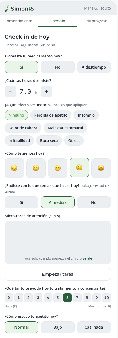 Check-in real del paciente en SimonRx